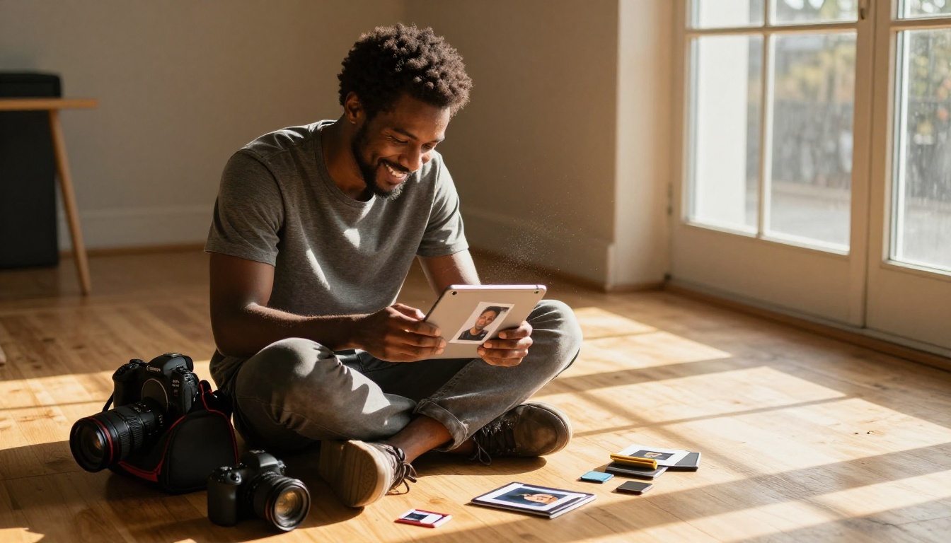 Photographer reviewing AI-generated portfolio on a tablet