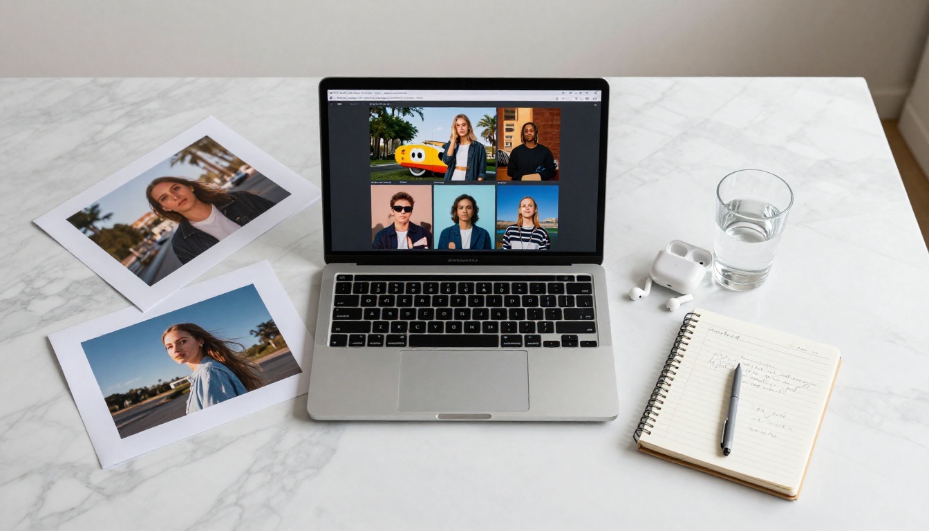 Flat lay workspace with AI-generated prints and a laptop