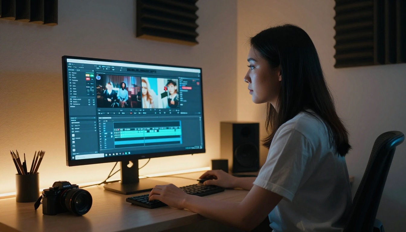 Video creator at a dual-monitor workstation with AI assets