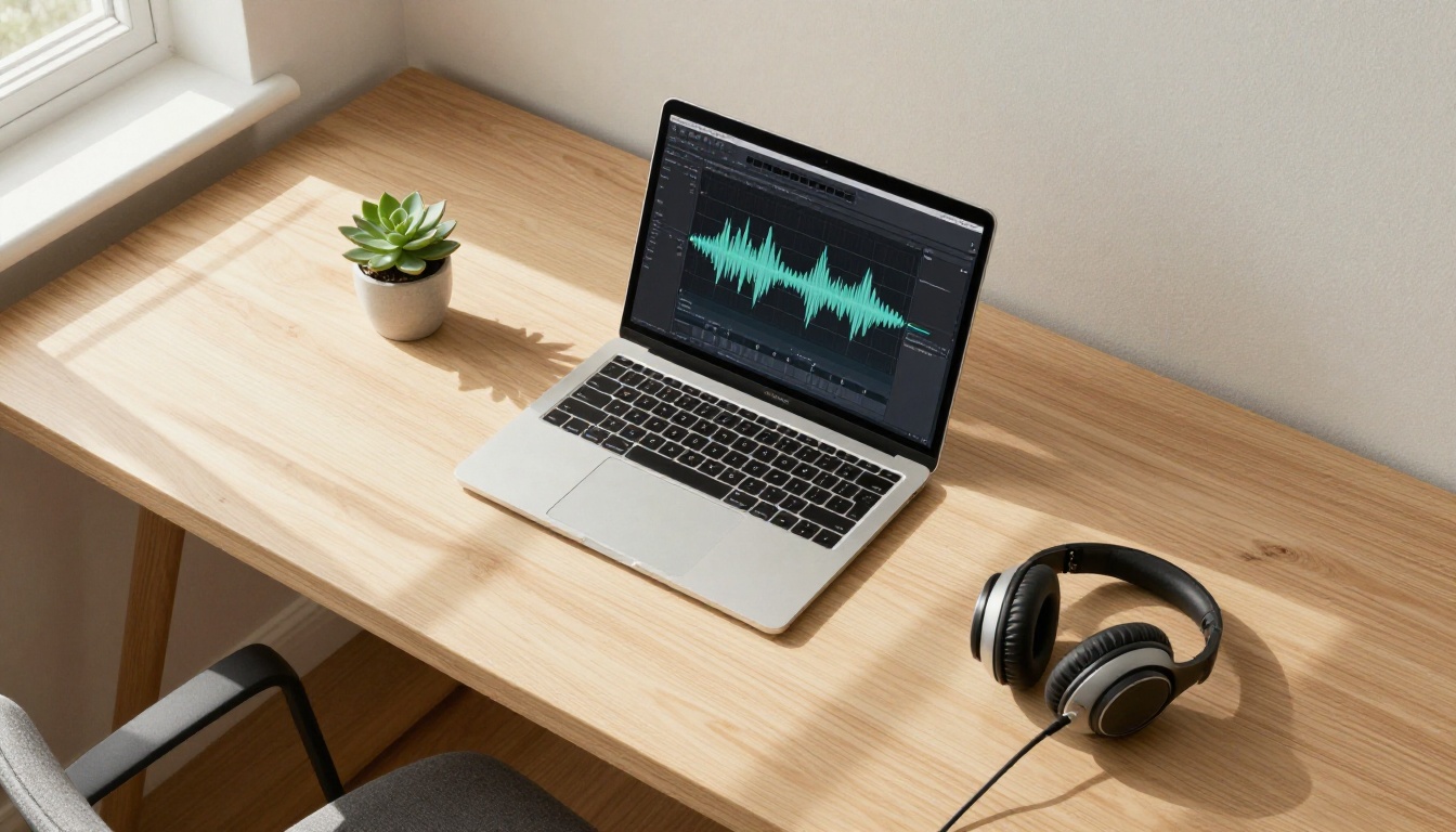 Aerial overhead shot of a desk with MacBook and studio headphones
