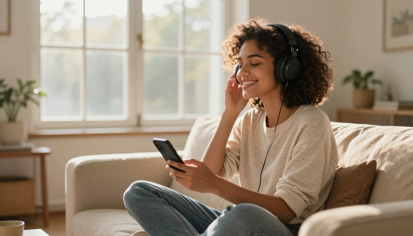 Woman with headphones smiling as she listens to AI-generated music