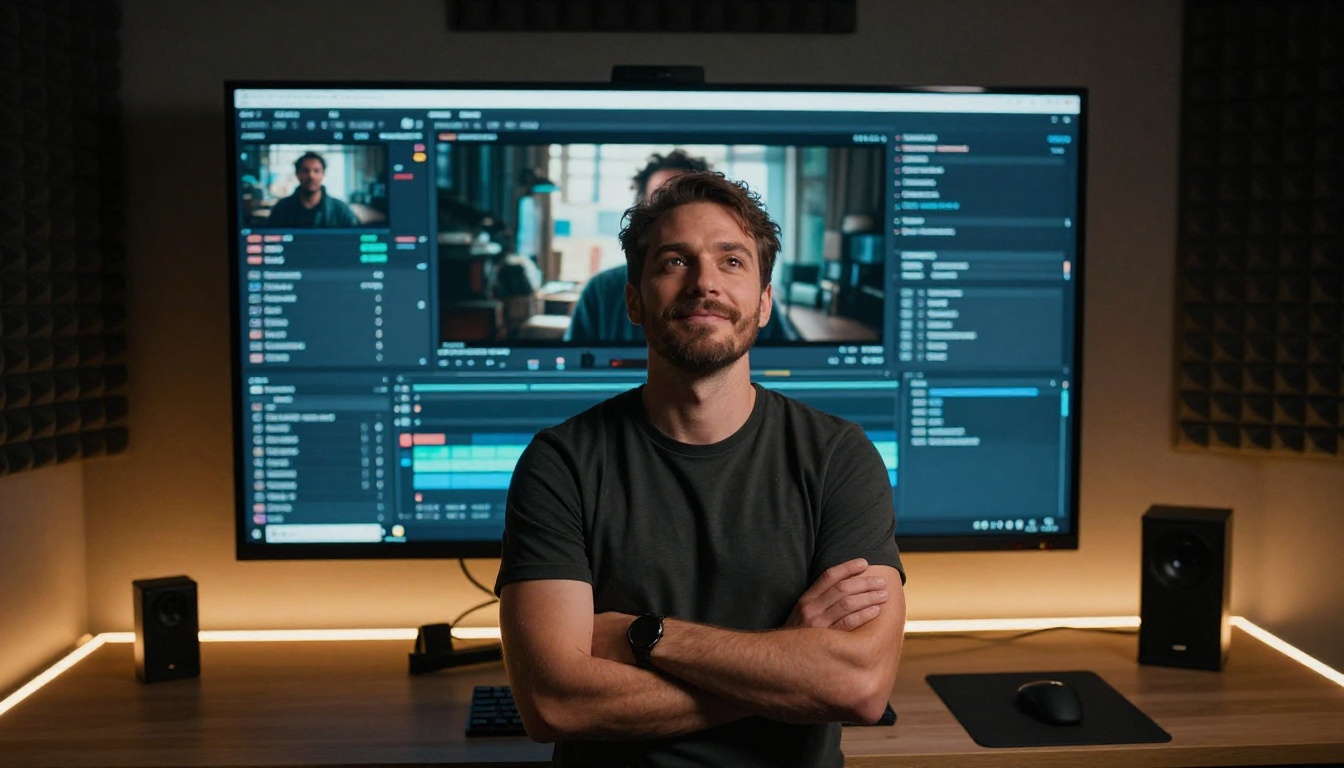 Confident video editor standing in front of a large 4K monitor in a production studio