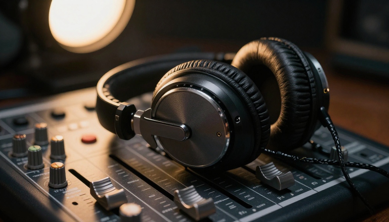 Professional studio headphones on a mixing console with warm tungsten lighting