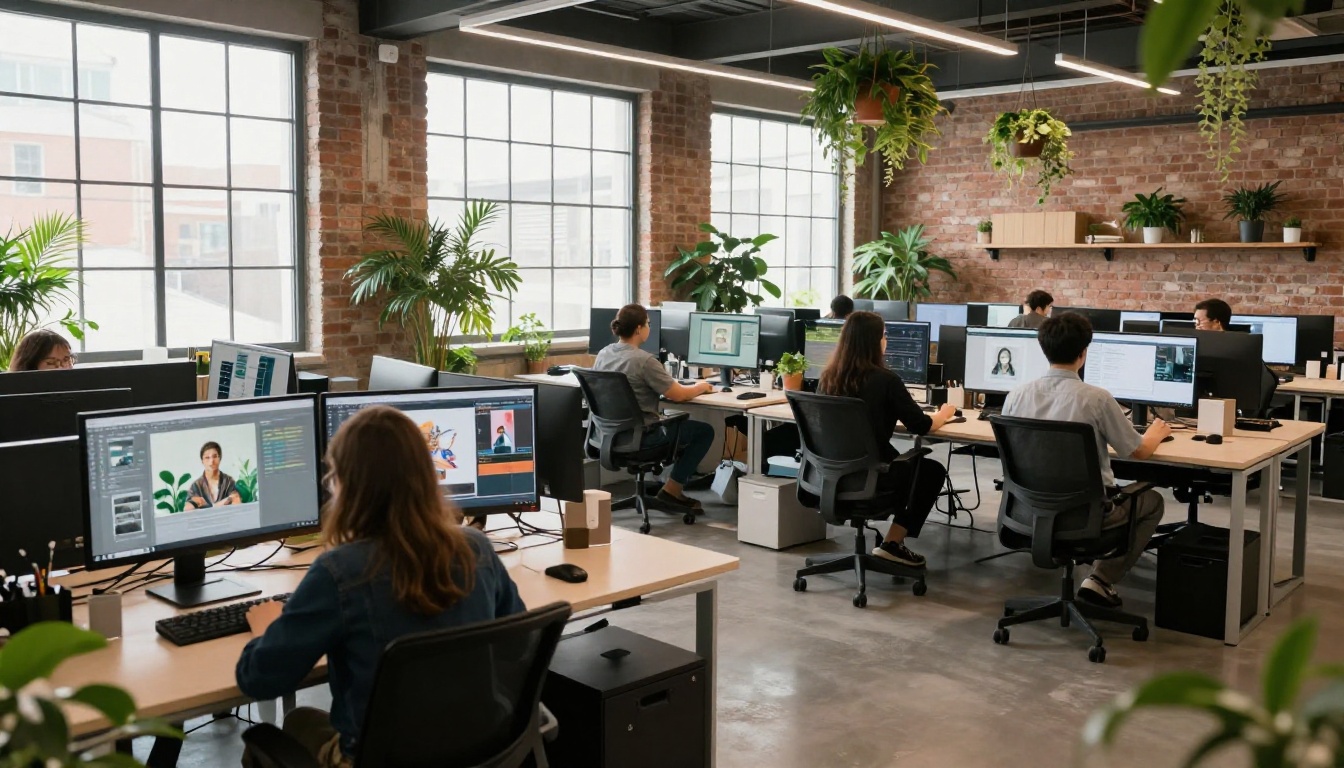 Modern open-plan creative agency with designers working on AI content projects