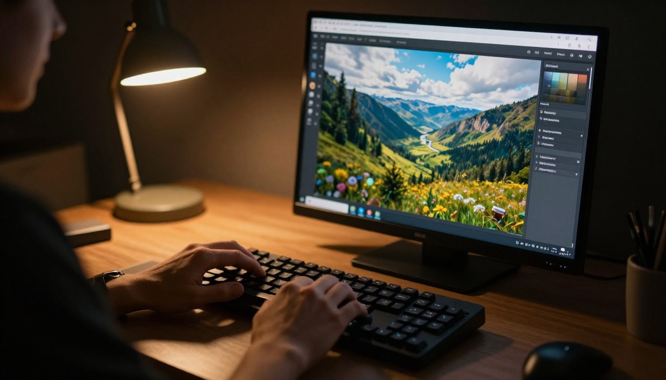 Person typing an AI image prompt on a keyboard with warm desk lamp lighting