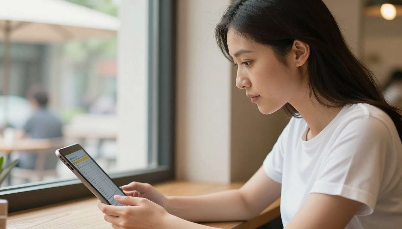 Woman reading a comparison table on her tablet at a morning cafe window