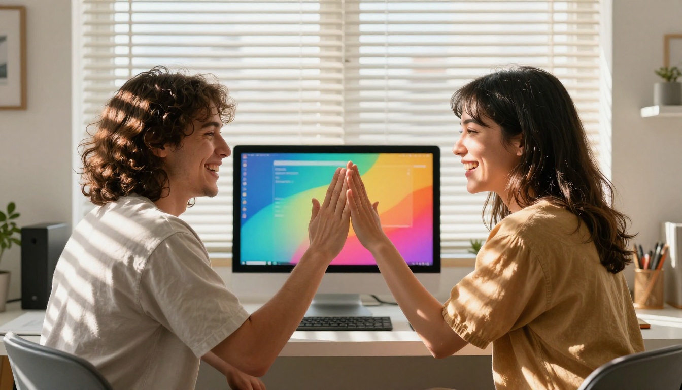 Two creators high-fiving and celebrating successful AI content creation at their workstation
