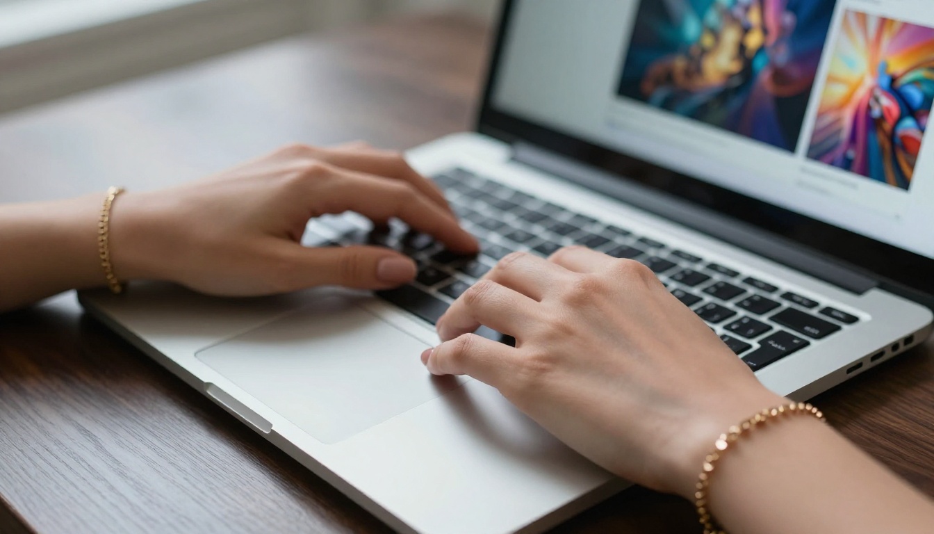 Close-up of woman's hands at laptop showing AI-generated artwork on screen Close-up of woman's hands at laptop showing AI-generated artwork on screen