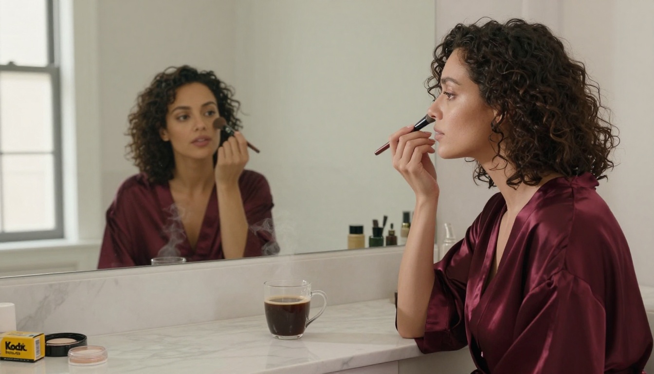 Woman in burgundy silk robe at a sunlit vanity table with marble surfaces