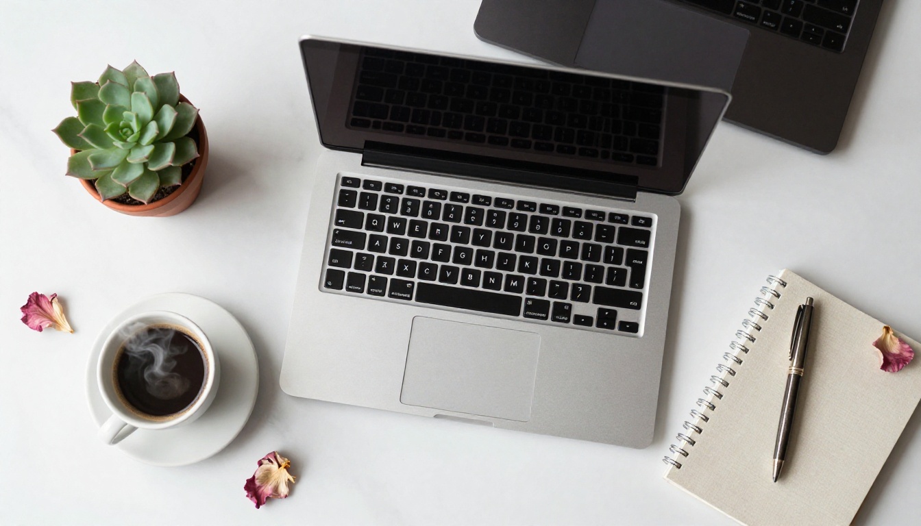 Overhead flat-lay of laptop and creative tools arranged on white marble