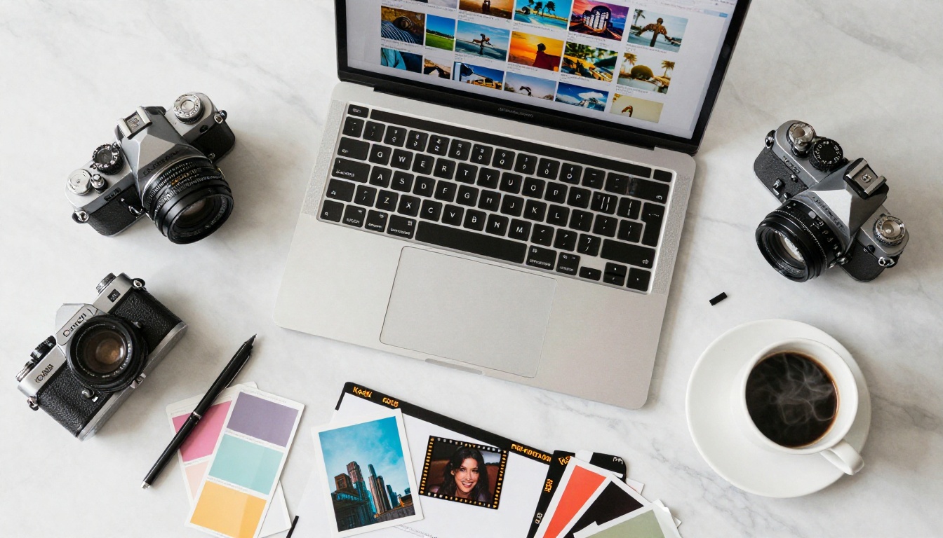 Creative workspace with MacBook showing AI image grid and film negatives on marble desk