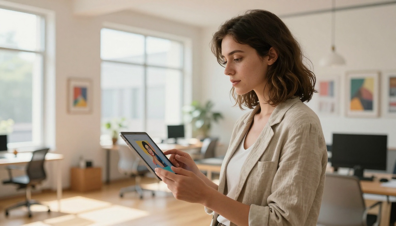 Young woman designer holding tablet with AI-generated portraits in bright office