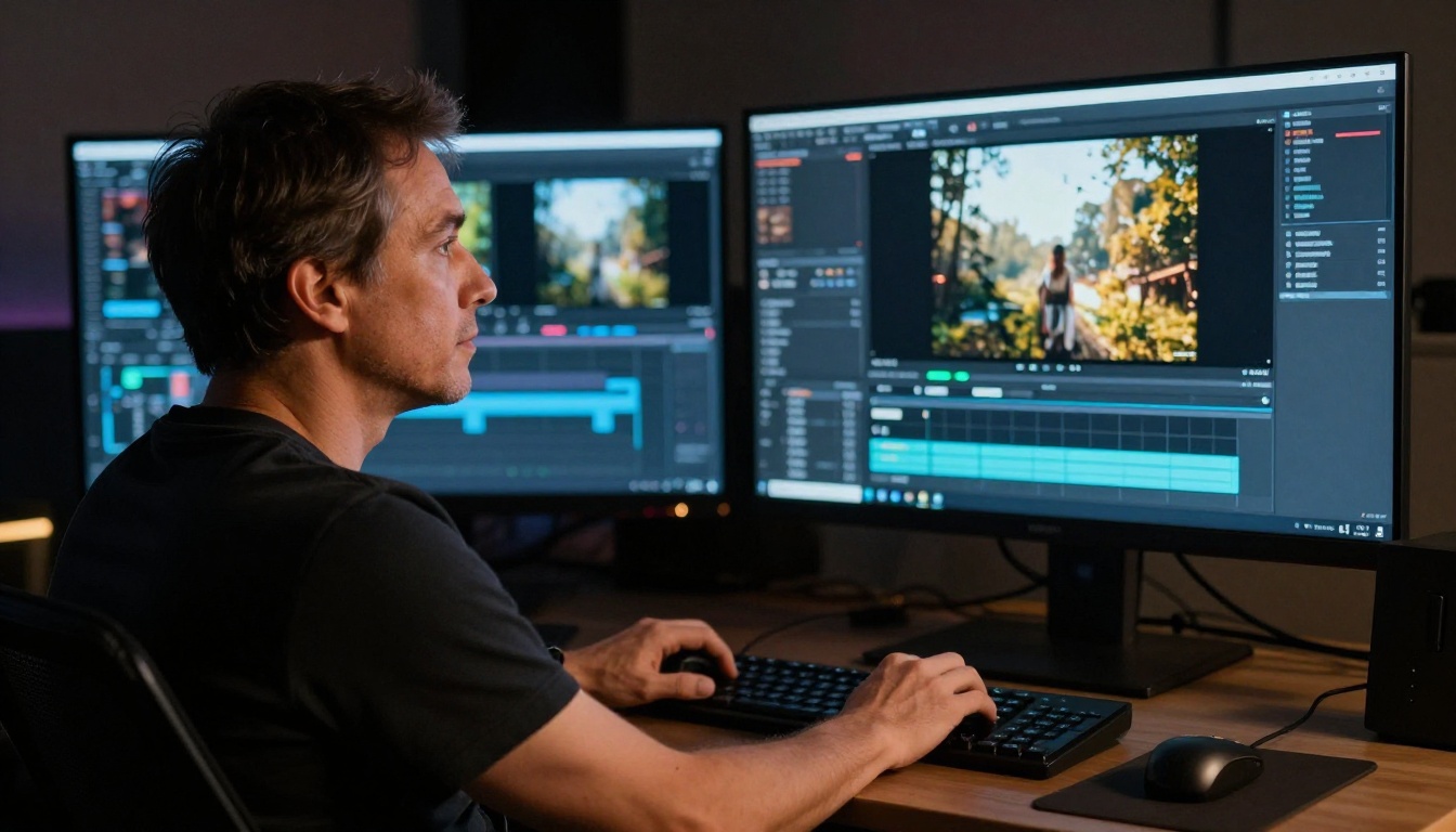 Video editor in professional suite with multiple screens showing AI-generated clips