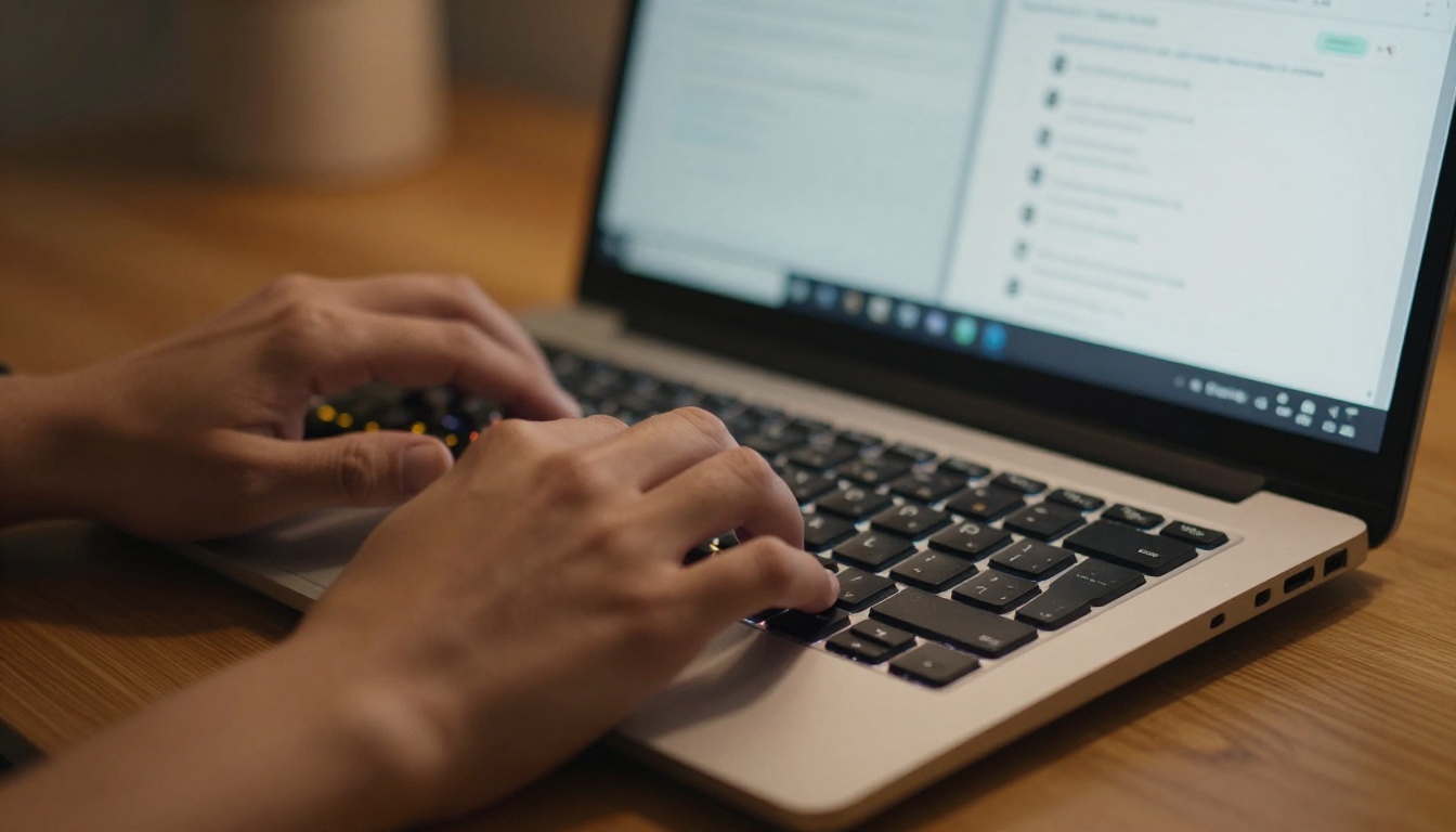 Professional hands typing on keyboard with platform comparison on screen