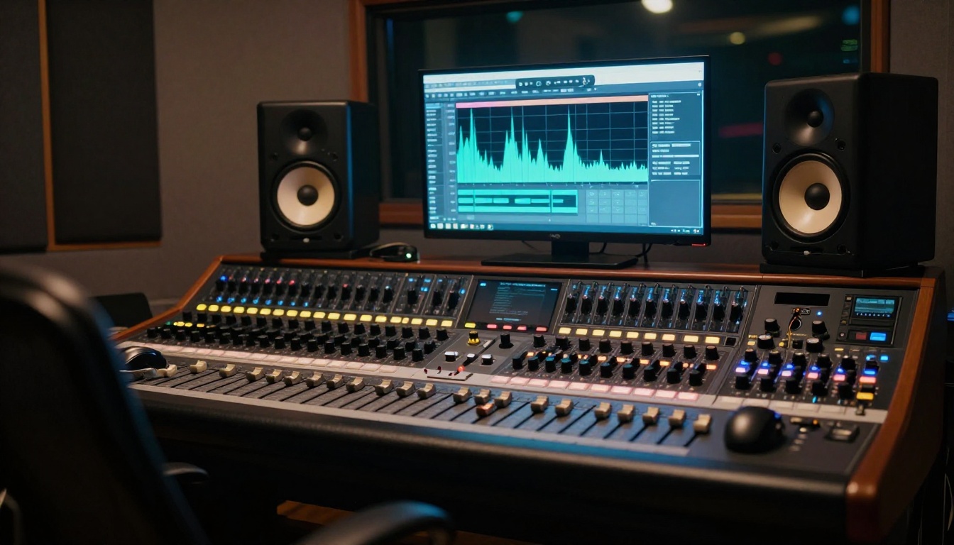 Music producer at mixing console at night with AI interface on screen