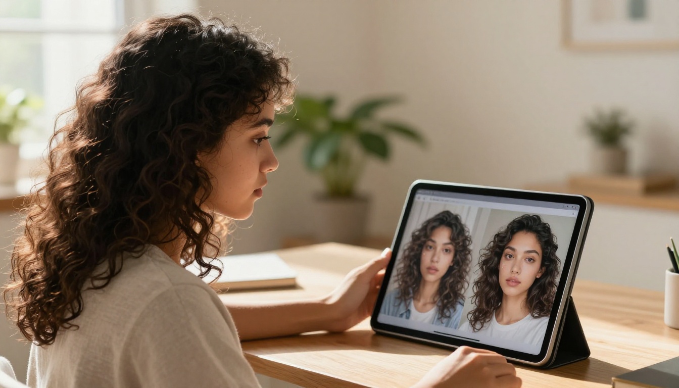 Woman viewing AI-generated portrait on tablet in sunlit home office