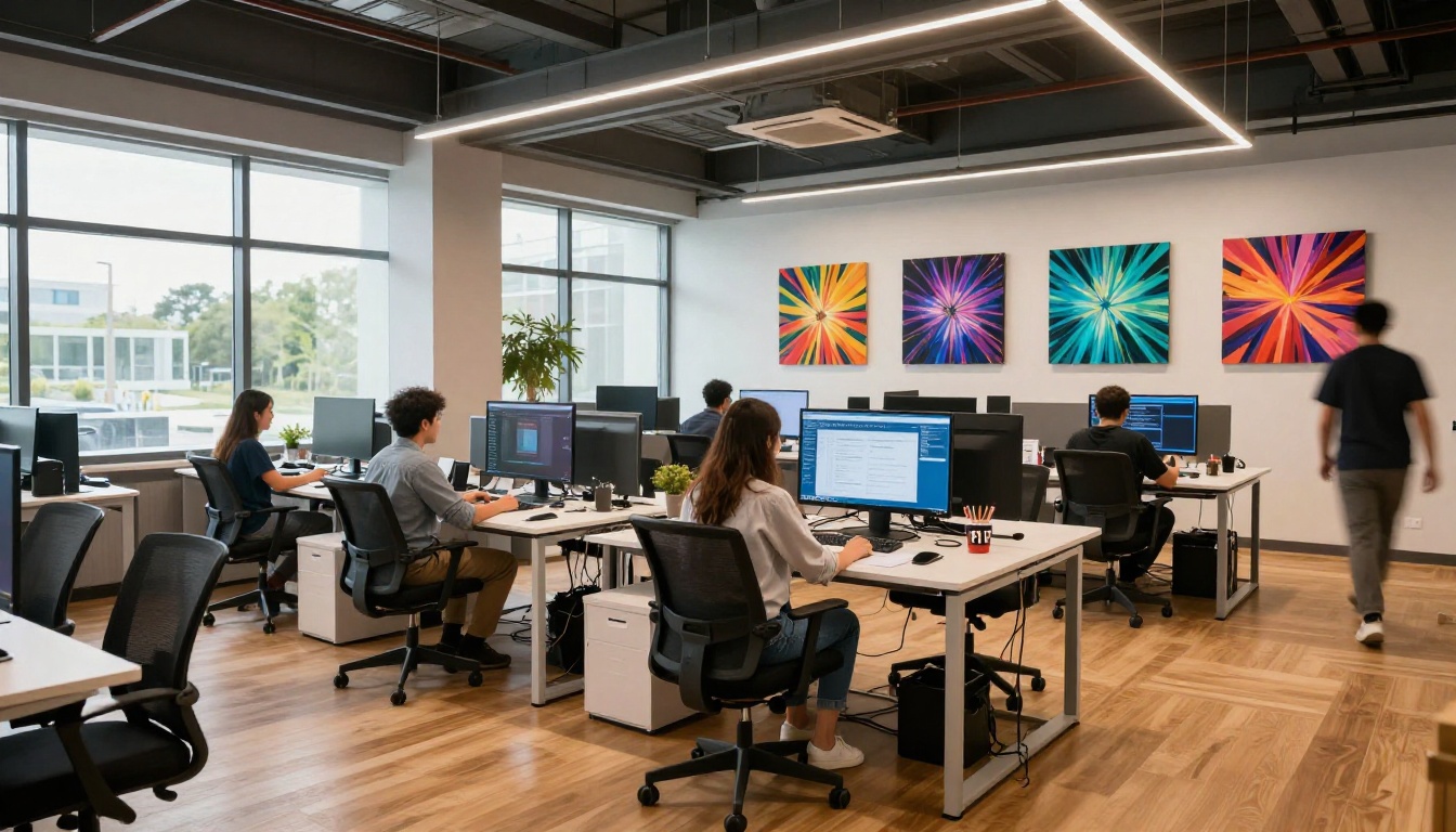 Modern tech startup office with professionals working at AI-powered stations