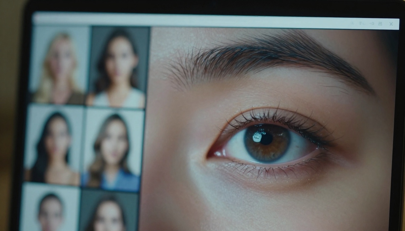 Close-up of eye reflecting laptop screen showing rows of AI-generated images