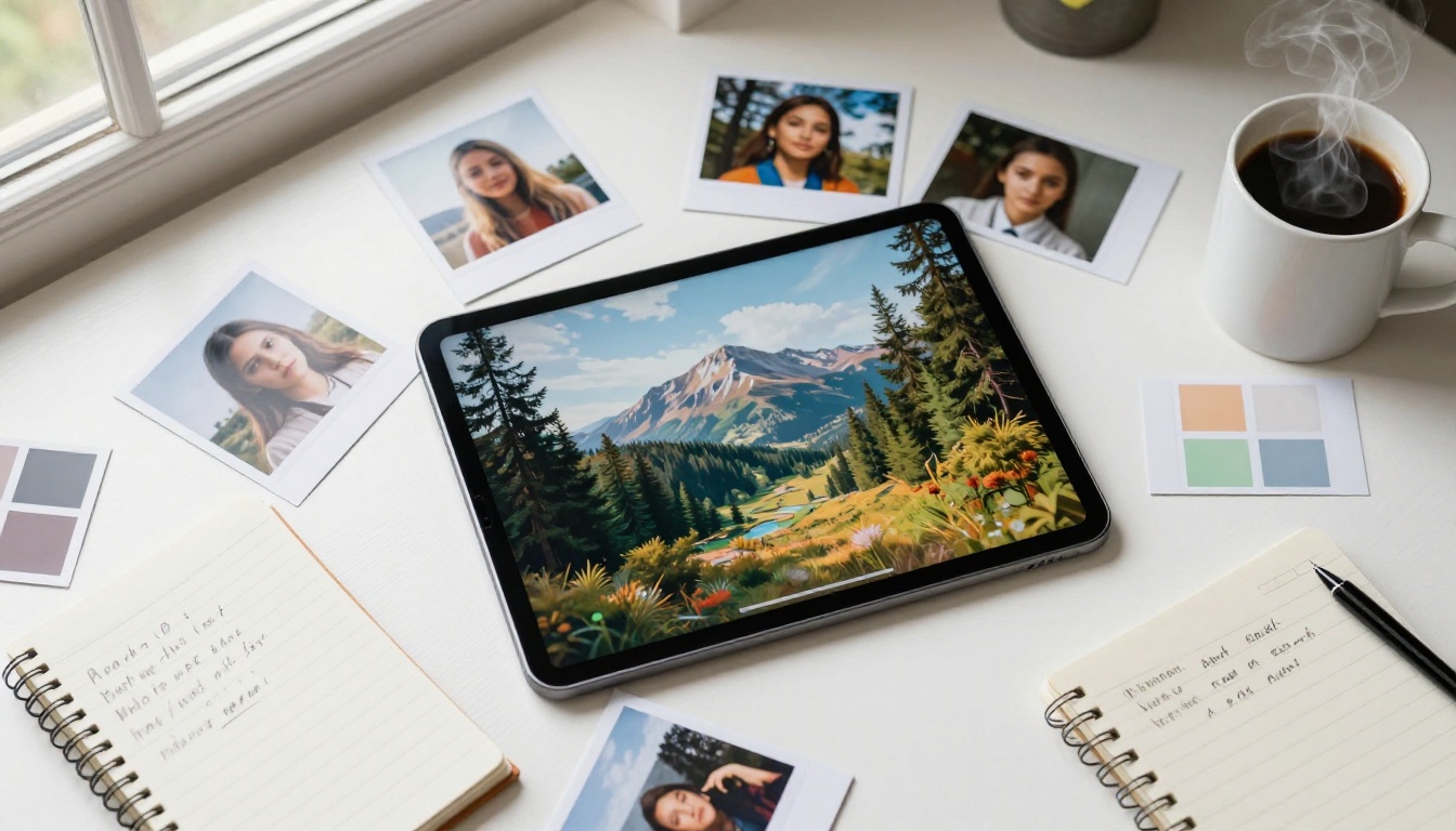 Creative workspace showing AI-generated portfolio of photorealistic images