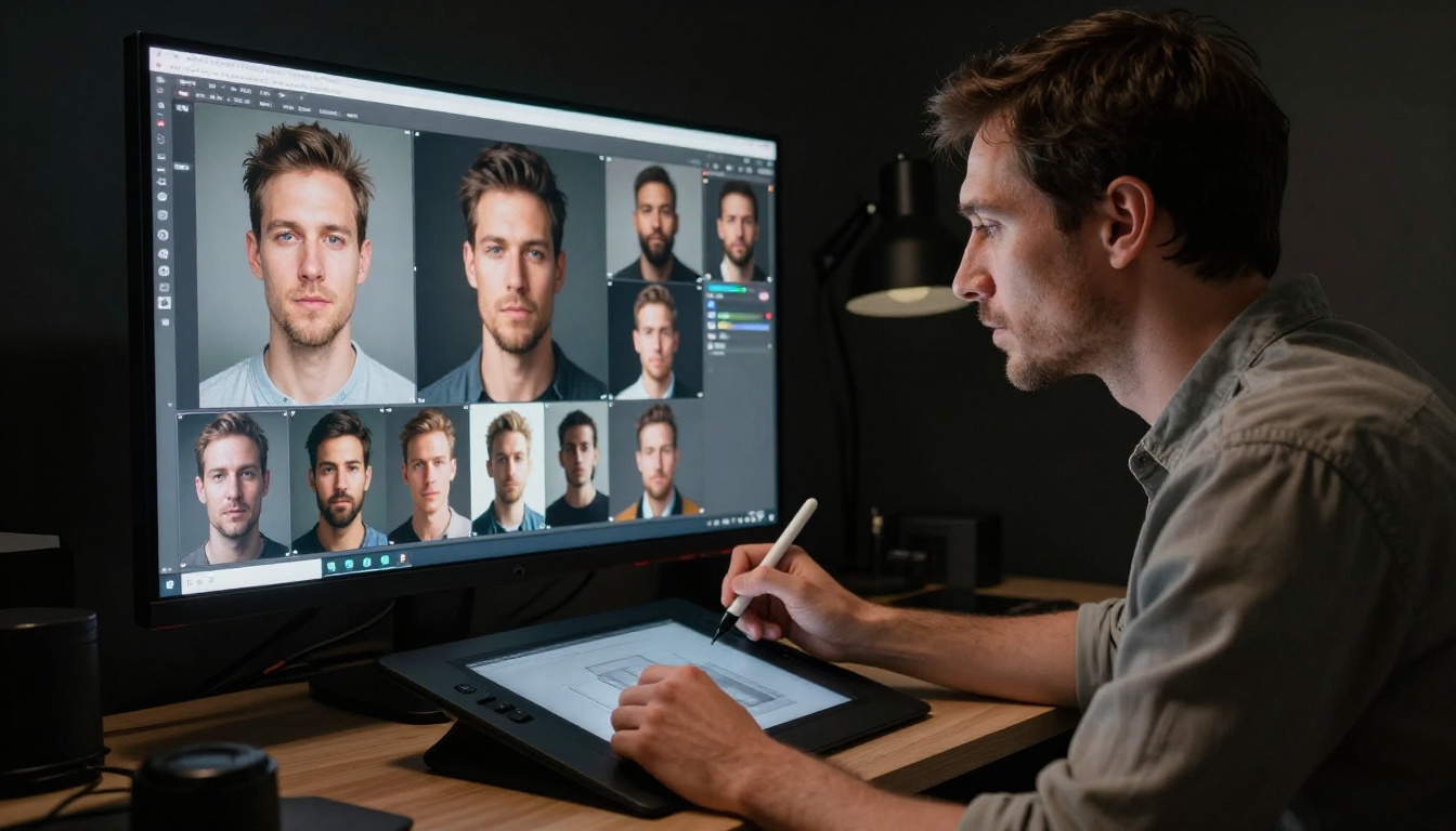 Content creator reviewing AI-generated photorealistic portrait images on monitor