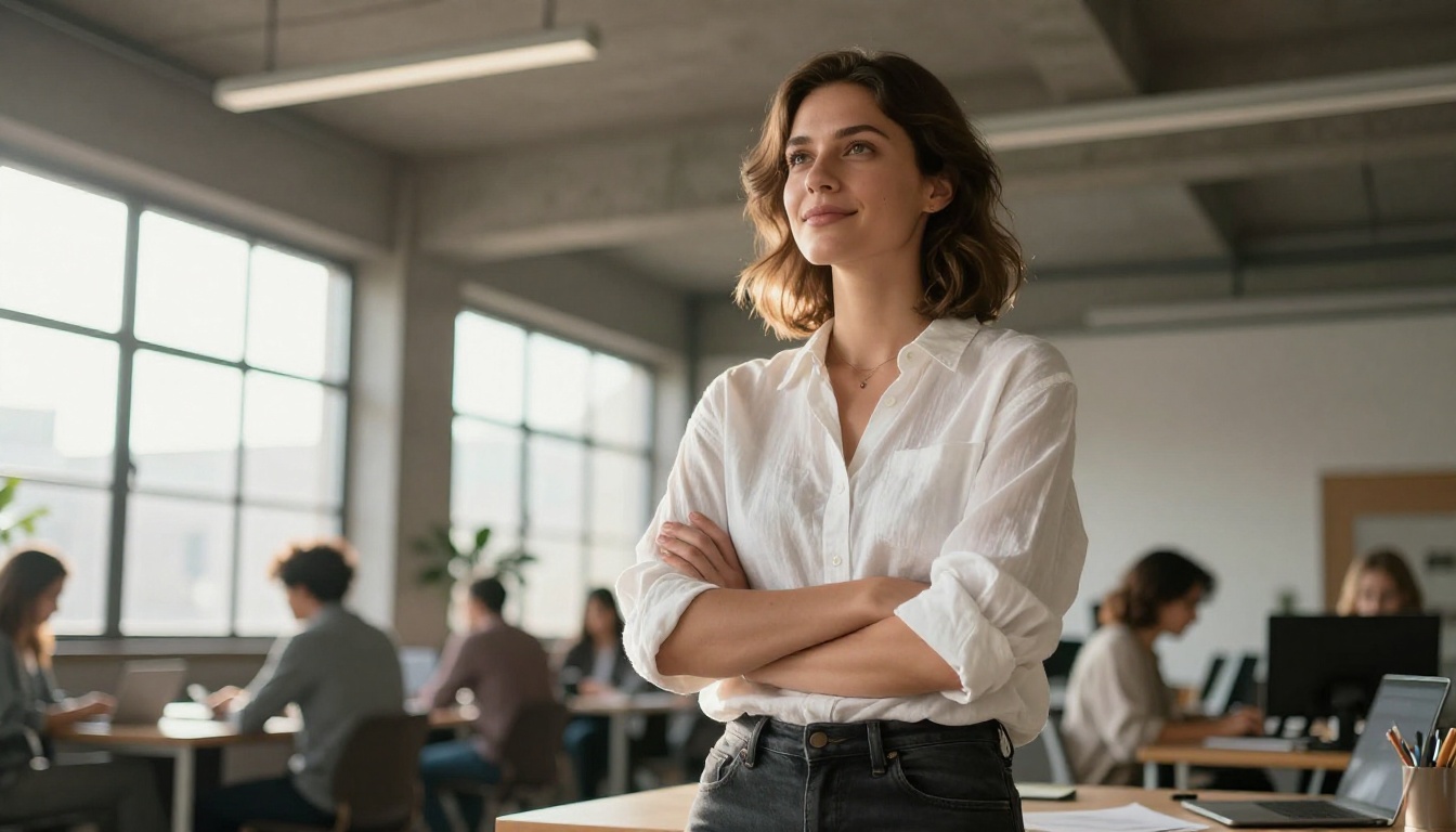 Young professional confidently using AI creative tools in co-working space