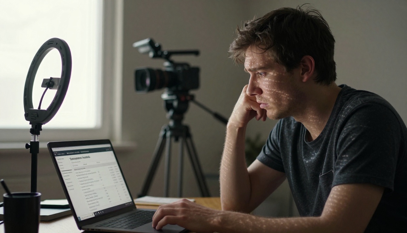 Frustrated creator reviewing music licensing subscription costs on laptop Frustrated creator reviewing music licensing subscription costs on laptop