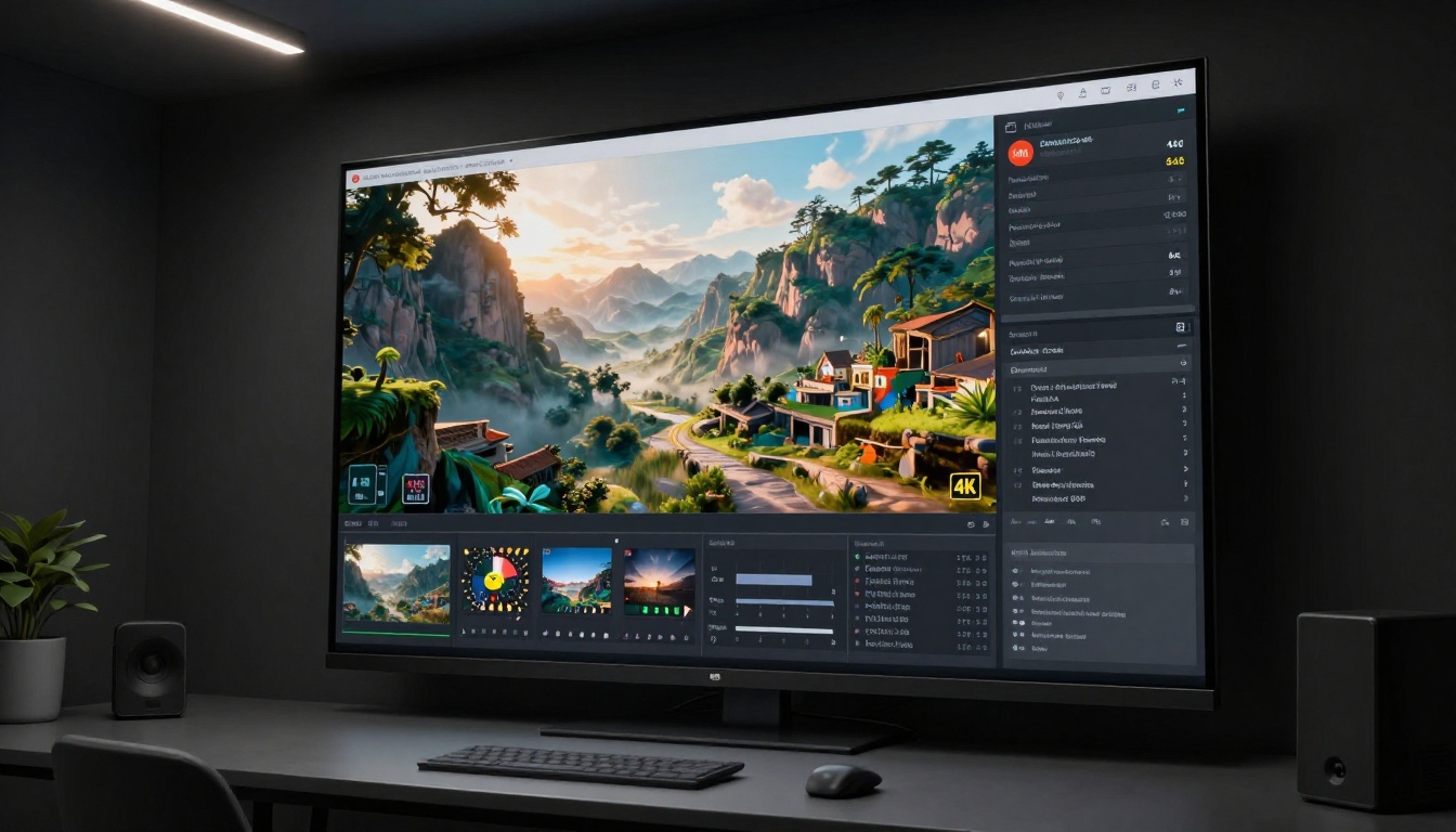 Cinema-grade monitor displaying AI-generated video with production interface Cinema-grade monitor displaying AI-generated video with production interface