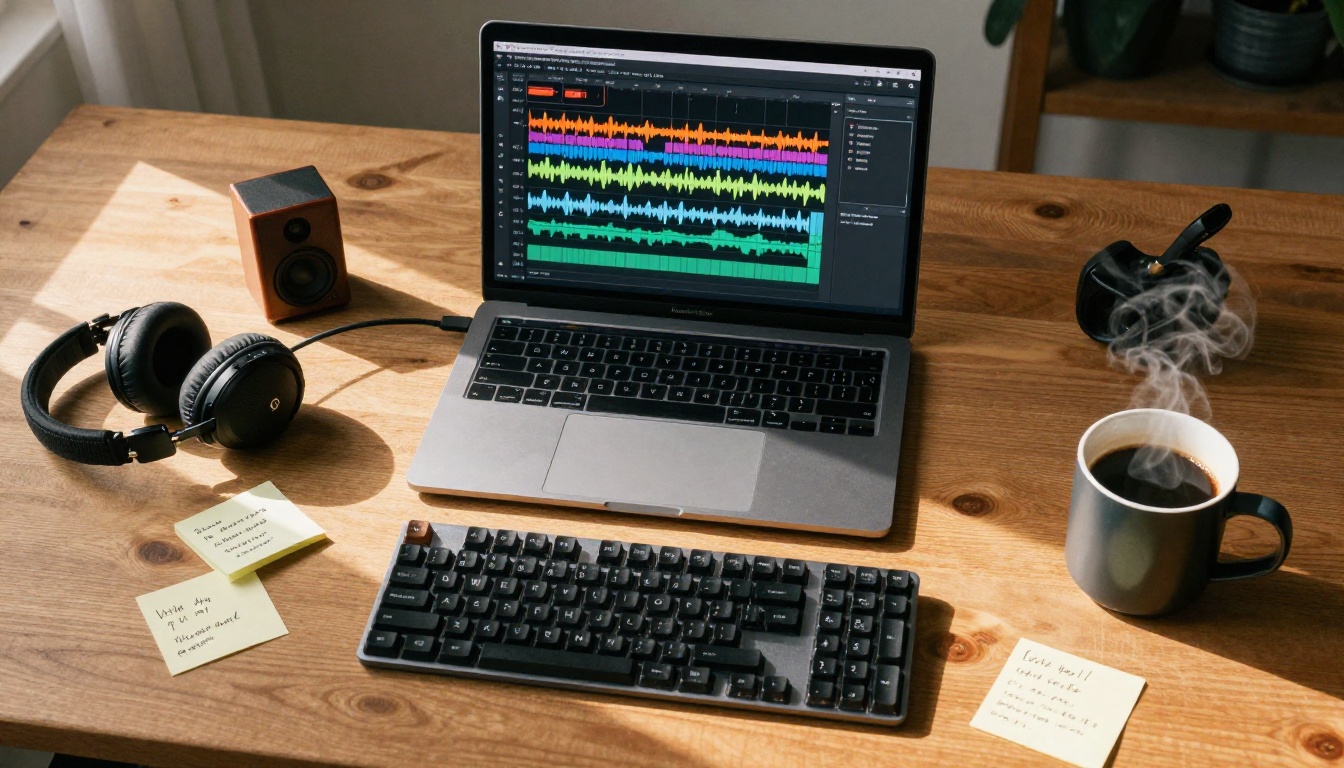 Aerial overhead view of professional video editor's workspace with audio timeline Aerial overhead view of professional video editor's workspace with audio timeline