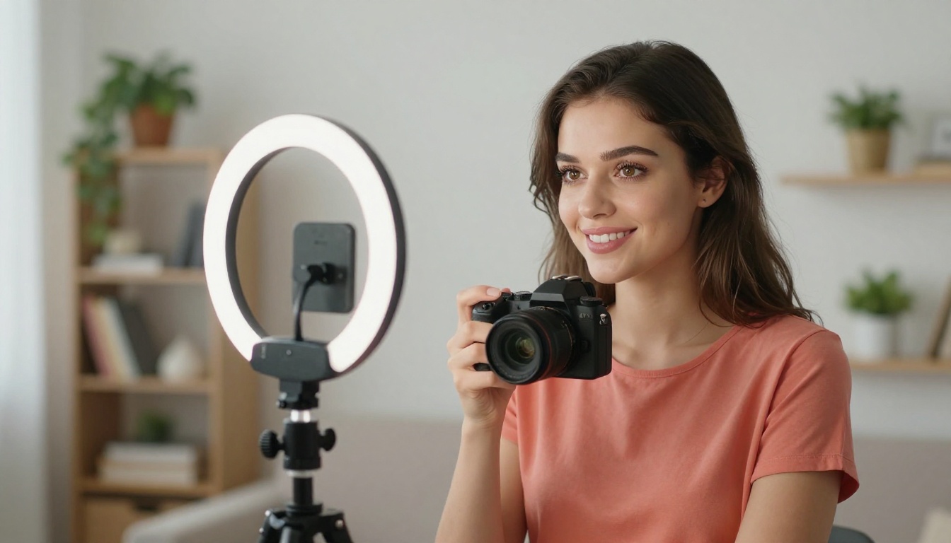 Confident creator recording professional video content in a home studio Confident creator recording professional video content in a home studio