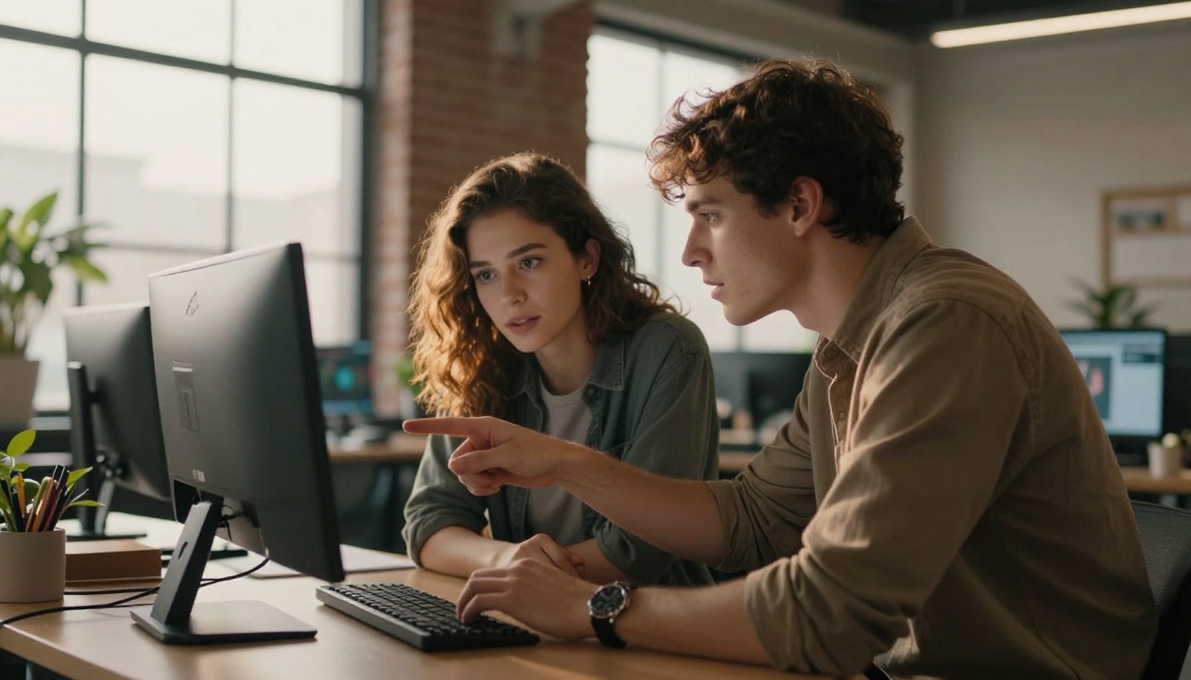 Two creators collaborating on video content review in a creative studio space