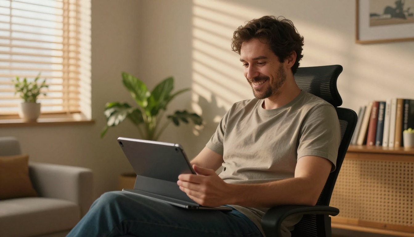 Creator reviewing finished video content with satisfaction on tablet in home studio