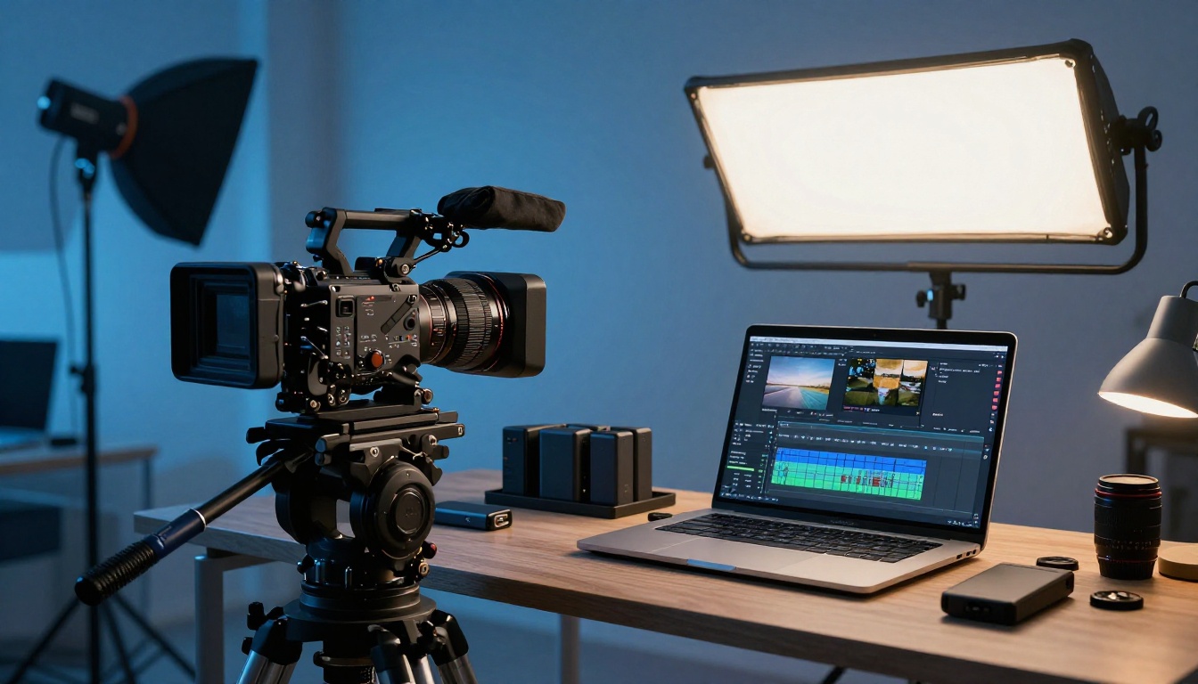 Professional video production setup with camera equipment, LED lighting, and editing workstation