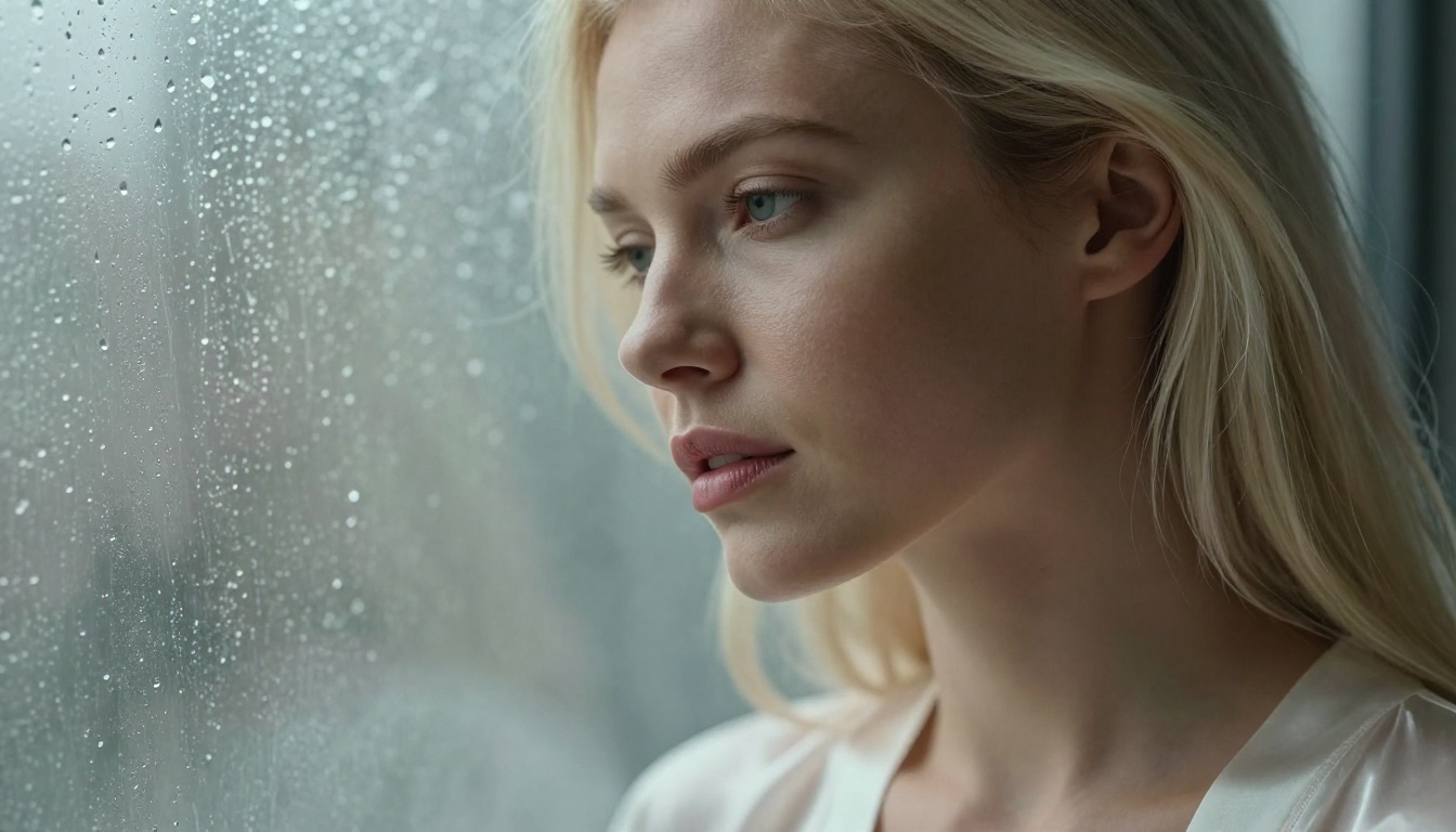 Close-up beauty portrait, platinum blonde woman, sheer silk robe, rain window editorial