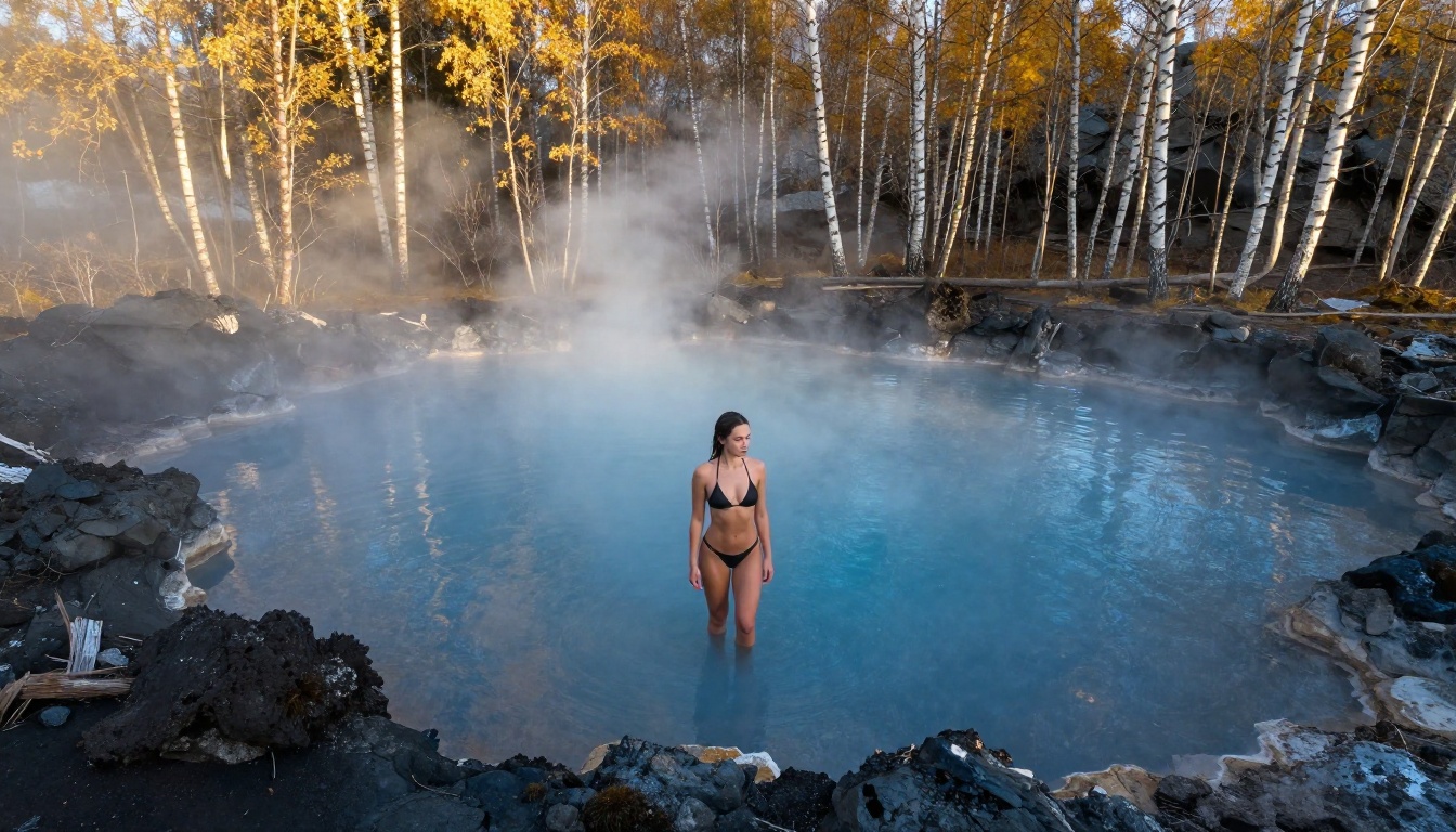 Woman in Icelandic hot spring, misty birch forest, atmospheric aerial photography