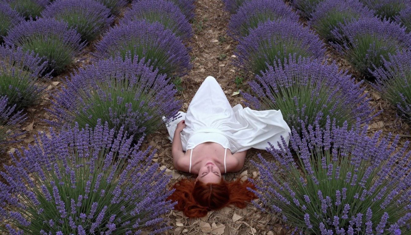 Aerial view woman in lavender field Provence, fine art drone photography