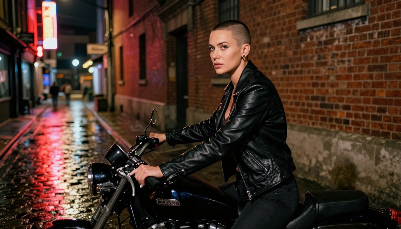 Woman on motorcycle at night urban alley, editorial fashion photography wet cobblestones