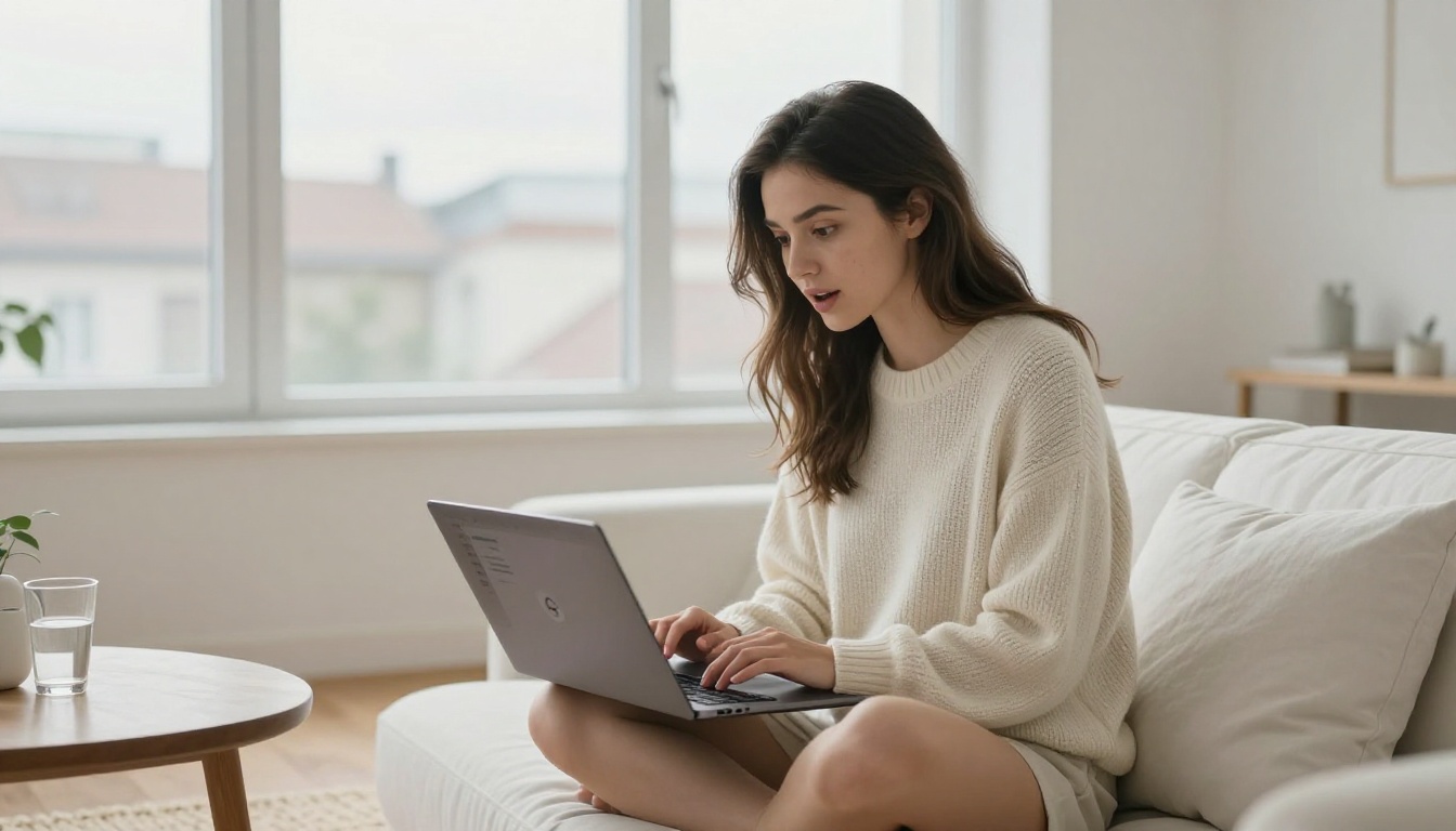 Woman exploring AI image generator on laptop in a sunlit Scandinavian apartment