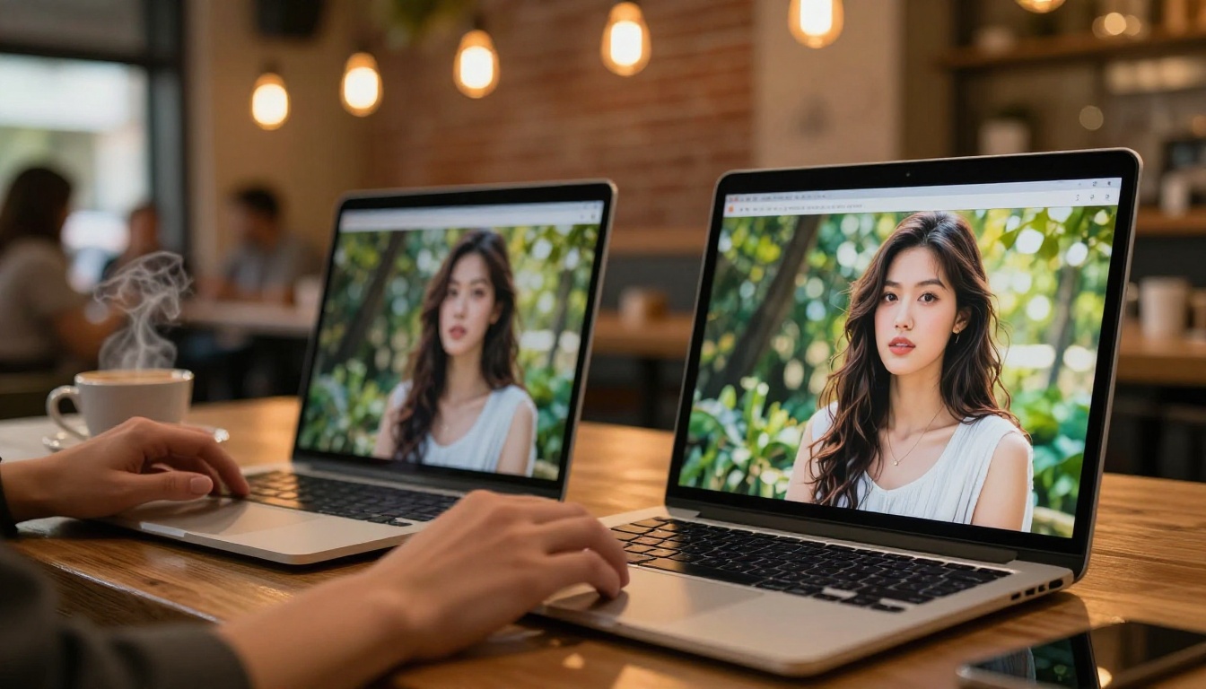 Two laptops side by side at a café showing identical AI-generated image quality on screens