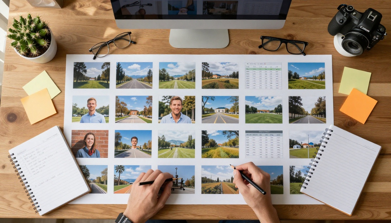 Creative professional reviewing printed AI-generated image comparisons on a desk viewed from above