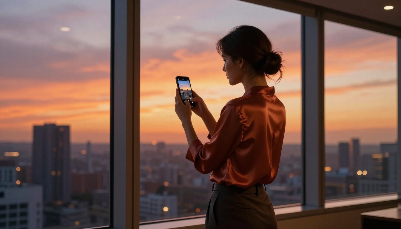 Woman holding smartphone browsing AI-generated image gallery at a floor-to-ceiling window with city sunset view