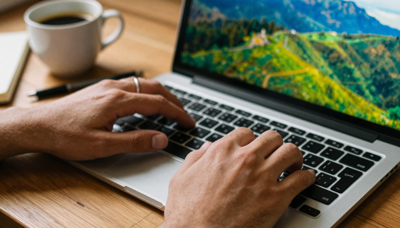 Macro close-up of hands typing on laptop keyboard with colorful AI-generated landscape visible in screen background