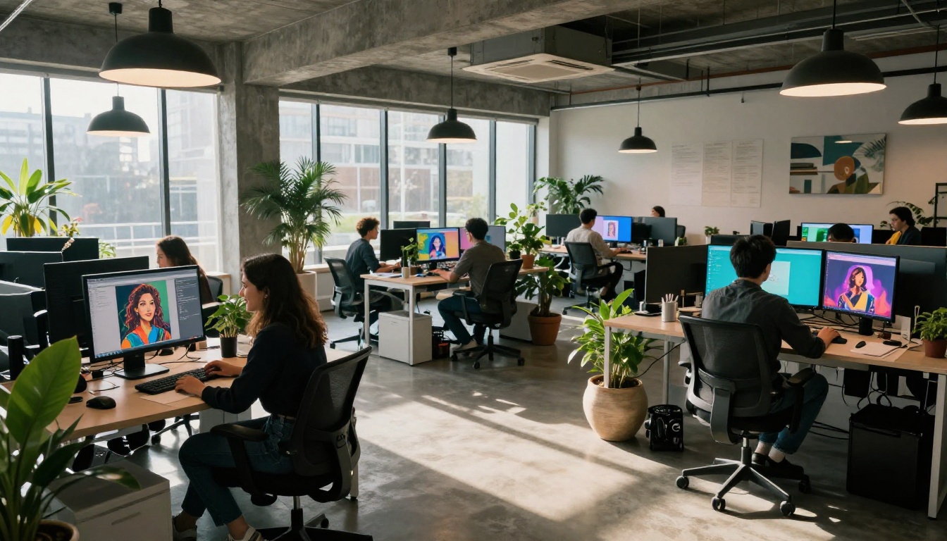 Modern co-working space with creative professionals comparing AI-generated images on workstation monitors