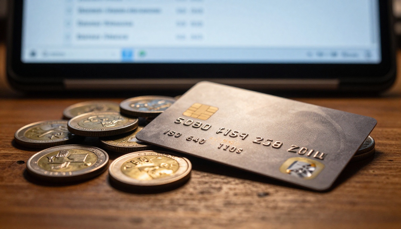 Credit card and coins on wooden surface with blurred laptop showing pricing comparison interface in background