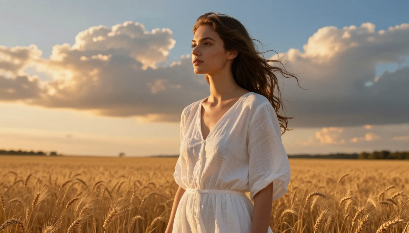 A photorealistic portrait of a woman in a flowing white dress in a golden wheat field at magic hour, showing AI image generation quality