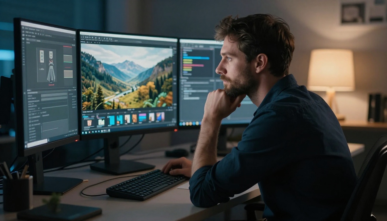 Creative director at workstation with multiple AI model monitors