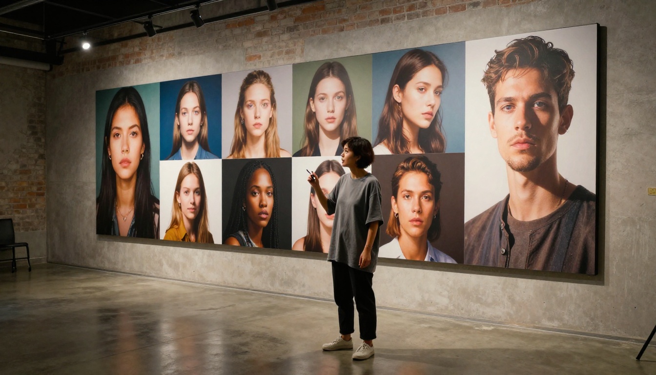 Graphic designer standing before a wall of AI-generated portrait images