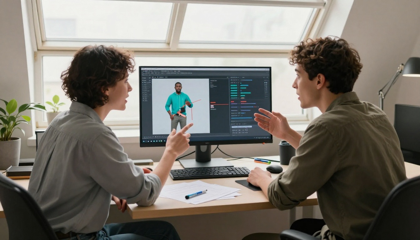 Two creative professionals reviewing AI platform comparison together