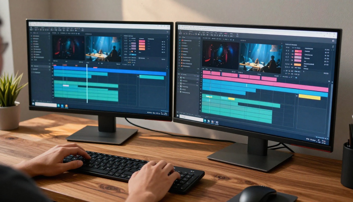 Dual monitors showing AI video generation interfaces with colorful timelines