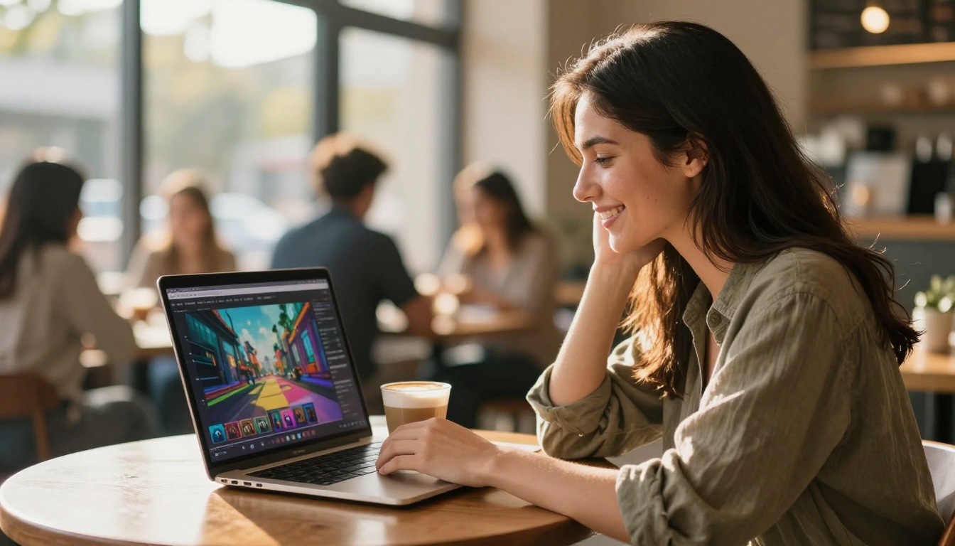 Woman smiling at laptop in coffee shop discovering AI video results