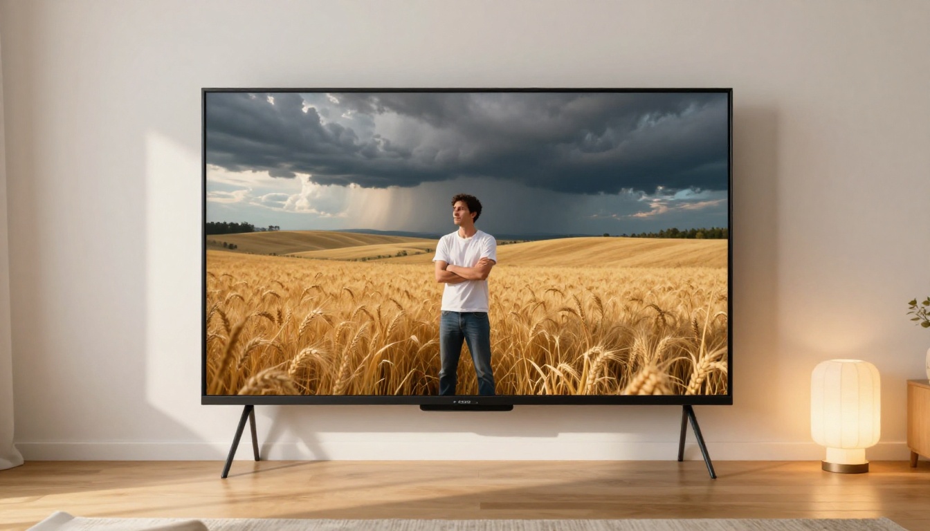 Man watching cinematic AI-generated landscape content on a large screen